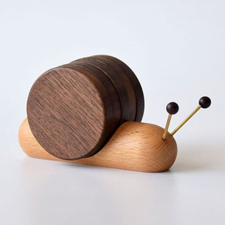 Lisslune | Cute Wood Cup Coaster, with 5 Pieces and Snail-shaped Holder, for Cup, Mug, Bowl & More