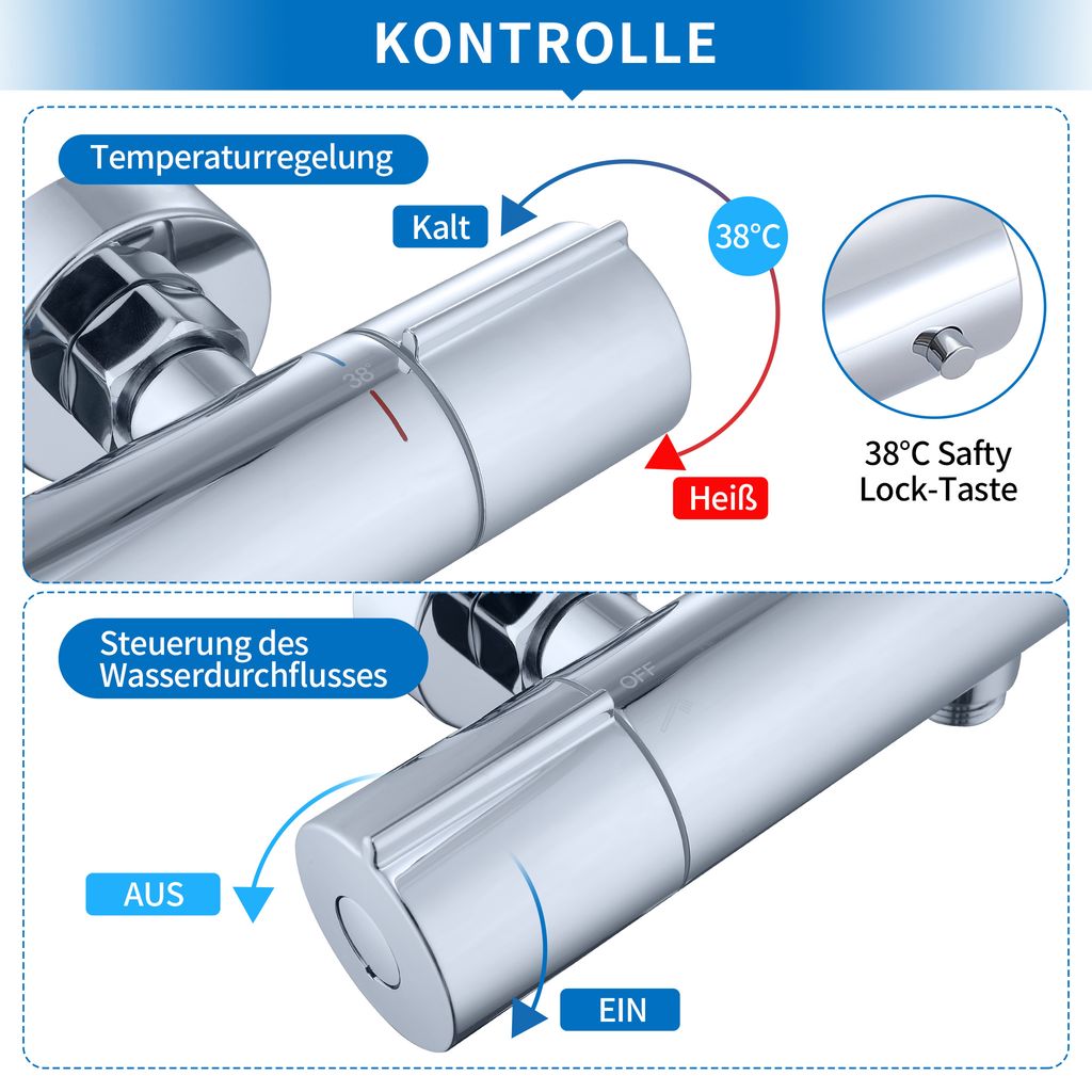 Lisslune | Shower faucet with thermostat Chrome mixer tap Shower with 38°C safety button Shower thermostat fitting Stainless steel shower fittings Shower thermostat