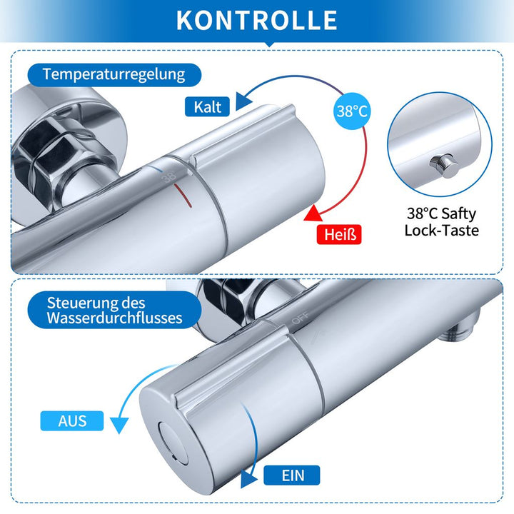 Lisslune | Shower faucet with thermostat Chrome mixer tap Shower with 38°C safety button Shower thermostat fitting Stainless steel shower fittings Shower thermostat