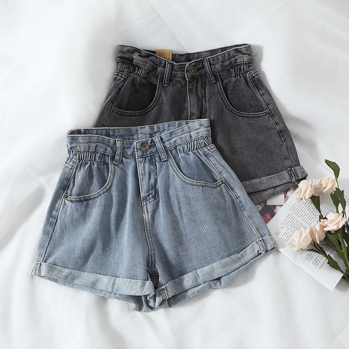 Women's High-Waist Denim Shorts with convertible hem and elastic waistband Lisslune