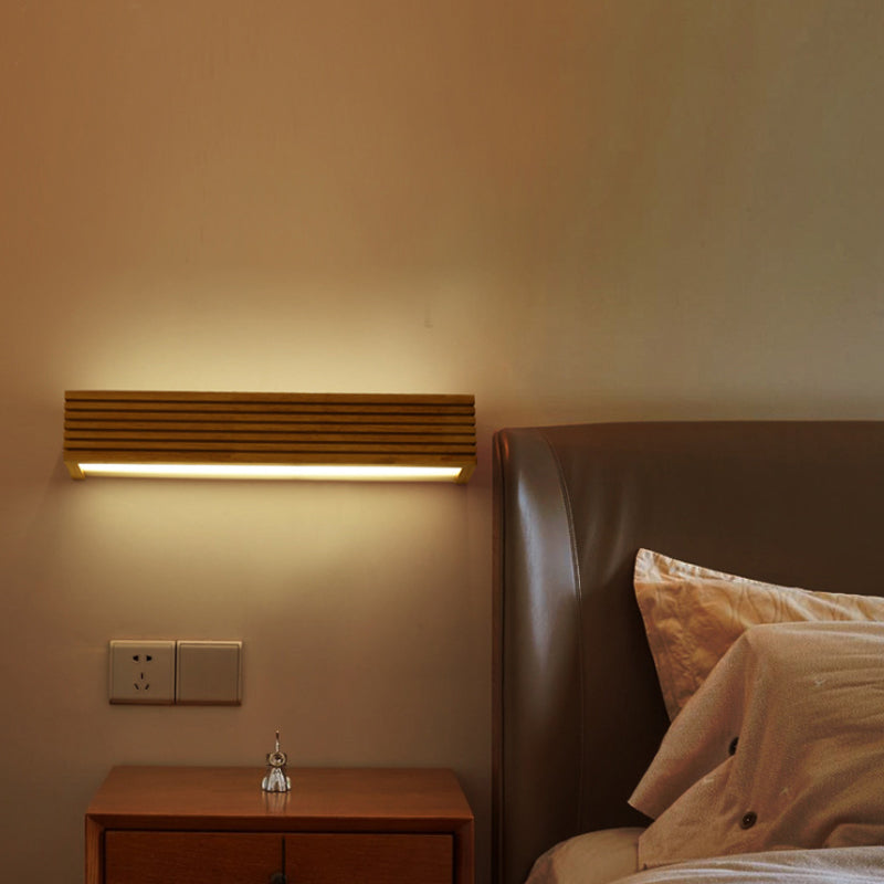 Skørter | Striped bedroom wall lamp contemporary wooden 14"/18"/21.5" wide single head beige LED up and down light fixture in warm/white light