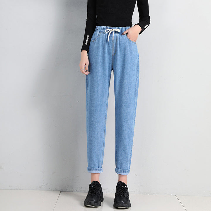 Ladies Comfortable Jeans with Elastic Waistband and Side Pockets
