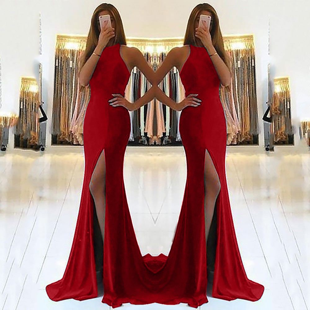 Ladies Glamorous Evening Dress with Elegant V-Neck and High Slit