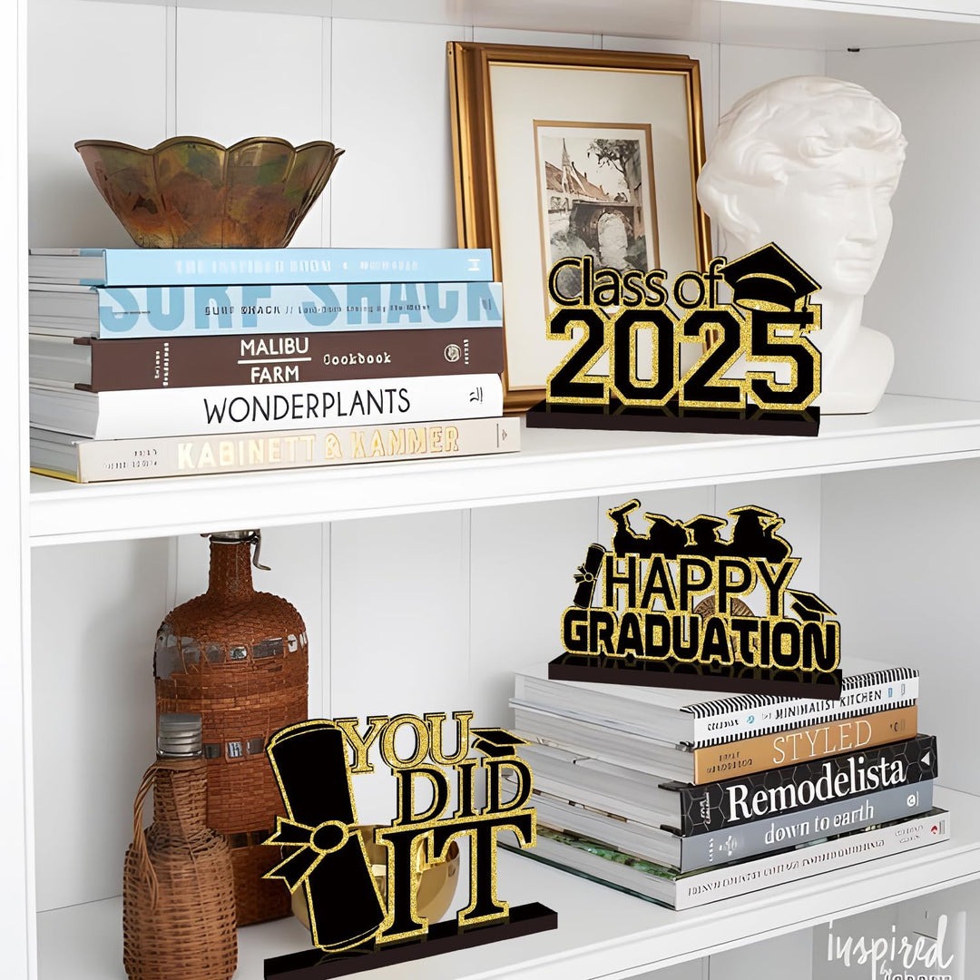 4 Piece Black and Gold Graduation Decorations Class of 2025 Congratulations Graduate Wood Table Centerpieces Graduate Table Decor Congratulations Tiered Shelf Decor for 2025 Graduation Decorations