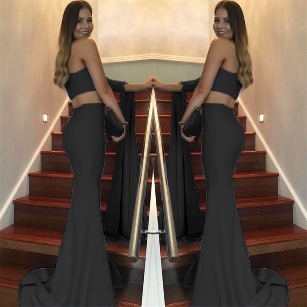 Women's elegant off-the-shoulder evening dress with asymmetric cut and flowing fabric