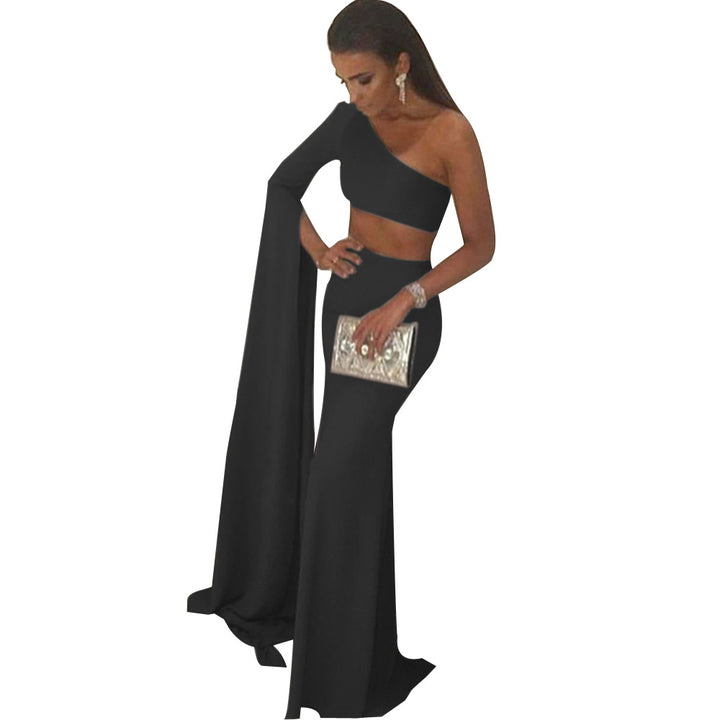 Women's elegant off-the-shoulder evening dress with asymmetric cut and flowing fabric