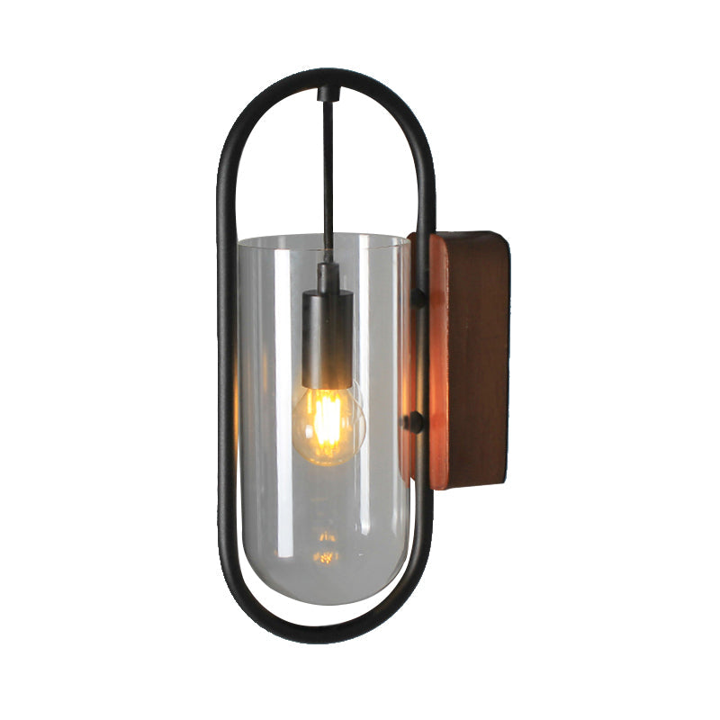 Lisslune | Black Cylinder Wall Light Industrial 1 Light Clear/Amber Glass Wall Mount Light