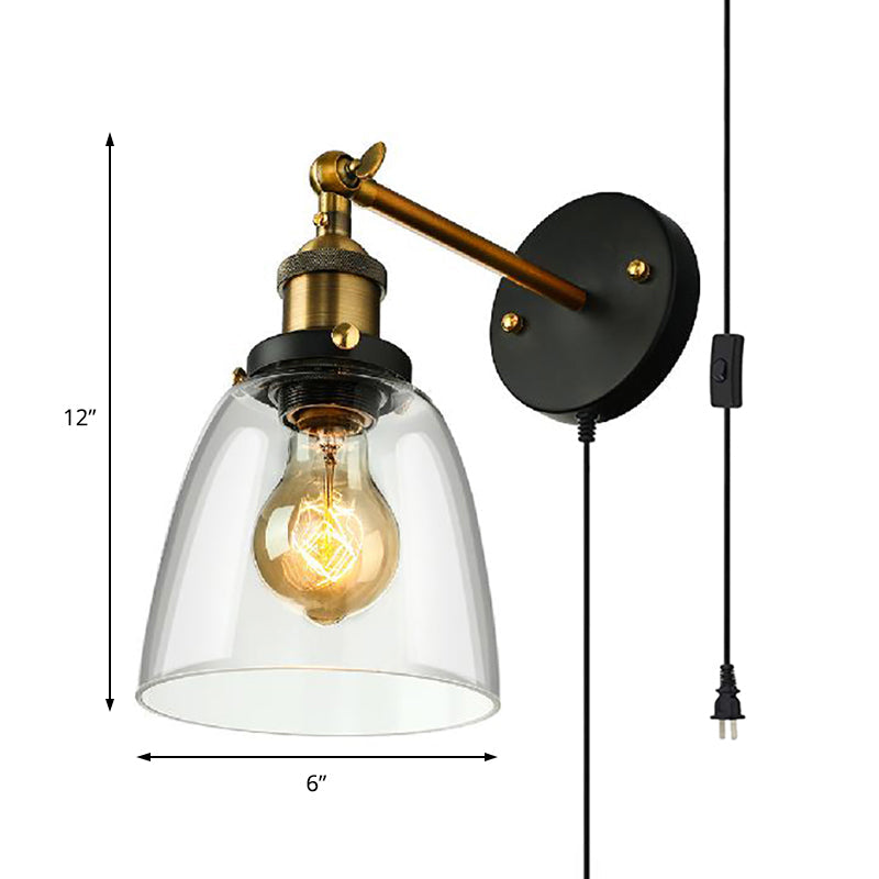 Lisslune | Tapered Bedroom Wall Light Lighting Decoration Rustic Clear Glass 1 Light Black Wall Lamp with Plug Cable