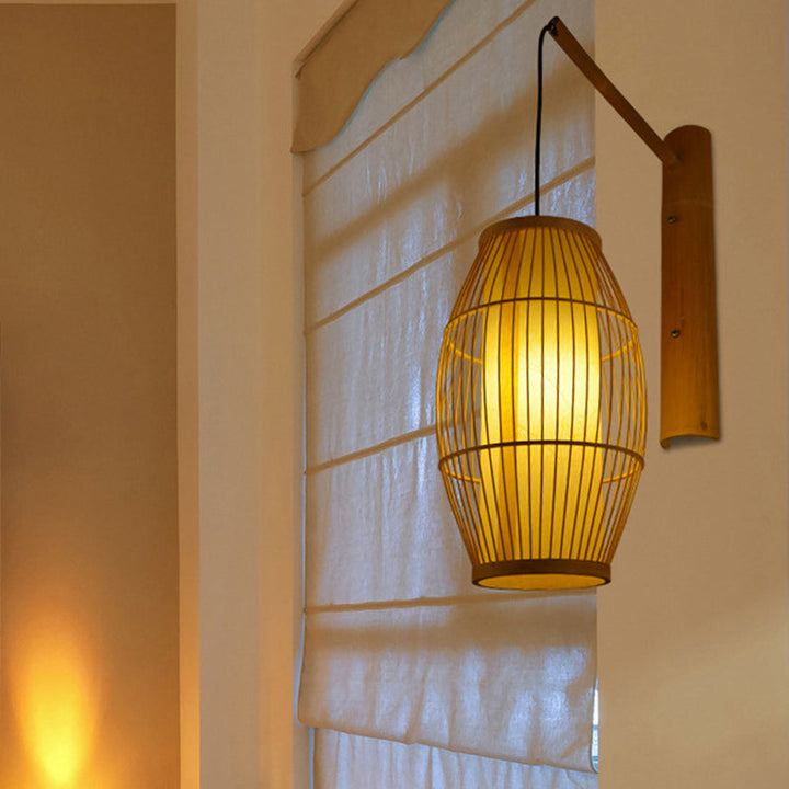 Skørter | Asian Style Rectangular Hanging Wall Lamp Bamboo 1 Bulb Bedroom Wall Light in Beige