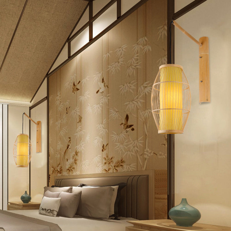 Skørter | Asian Style Rectangular Hanging Wall Lamp Bamboo 1 Bulb Bedroom Wall Light in Beige