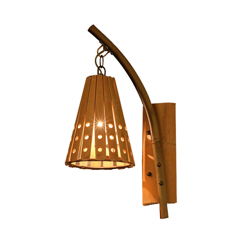 Skørter | Bamboo Conical Shade Wall Lighting with Hollow Design Lodge Style 1-Head Wood Wall Light for Bedroom, Left/Right