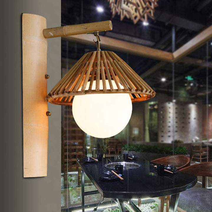 Skørter | Bamboo Conen Wall-Mount Light Asian Style 1-Light Brown Wall Lamp with White Glass Ball Shade