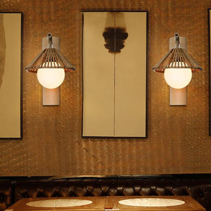 Skørter | Bamboo Conen Wall-Mount Light Asian Style 1-Light Brown Wall Lamp with White Glass Ball Shade