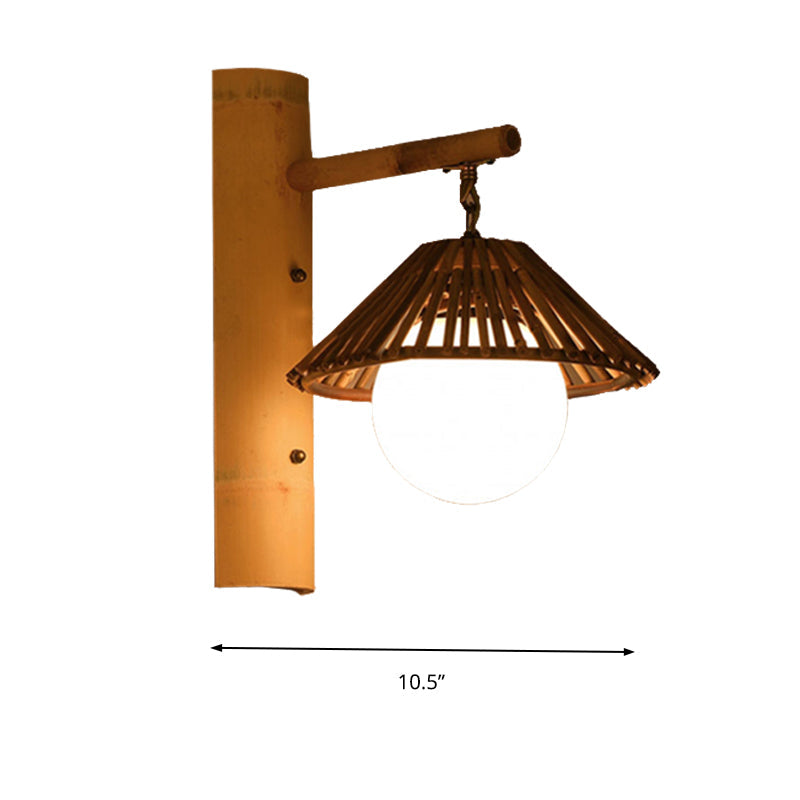 Skørter | Bamboo Conen Wall-Mount Light Asian Style 1-Light Brown Wall Lamp with White Glass Ball Shade