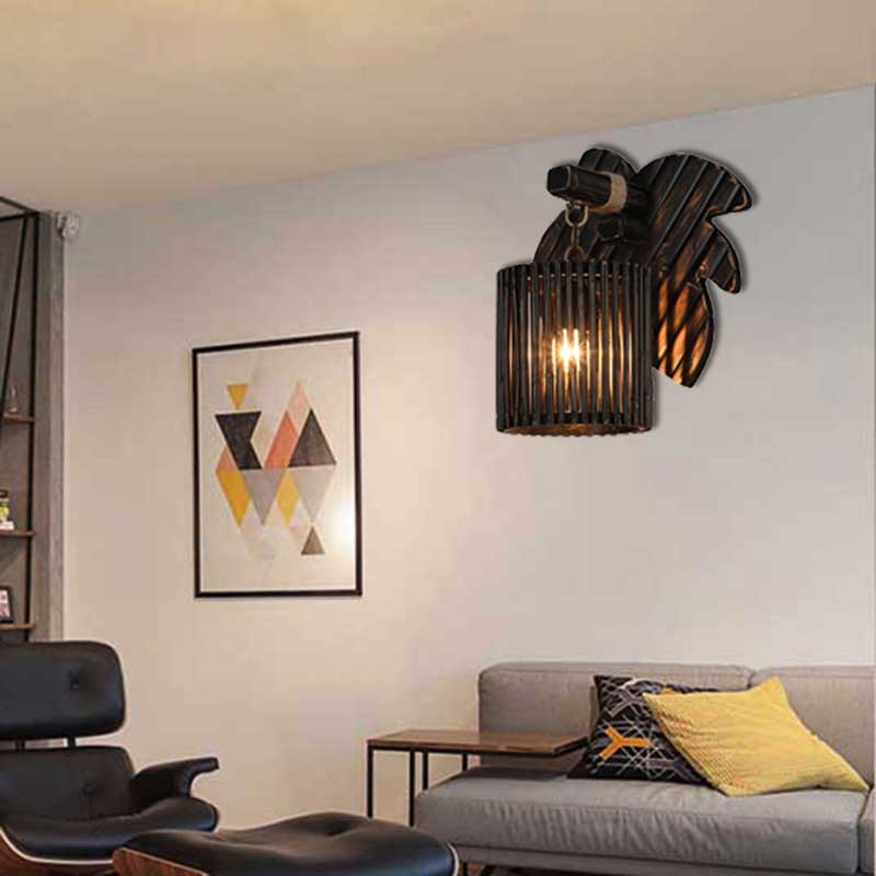 Lisslune | Black Finish Cylindrical Wall Light Lodge Stylish 1-Light Bamboo Wall Light with Wood Leaf Back Plate