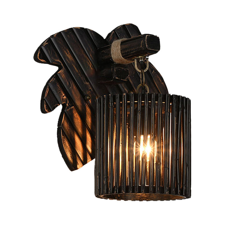Lisslune | Black Finish Cylindrical Wall Light Lodge Stylish 1-Light Bamboo Wall Light with Wood Leaf Back Plate