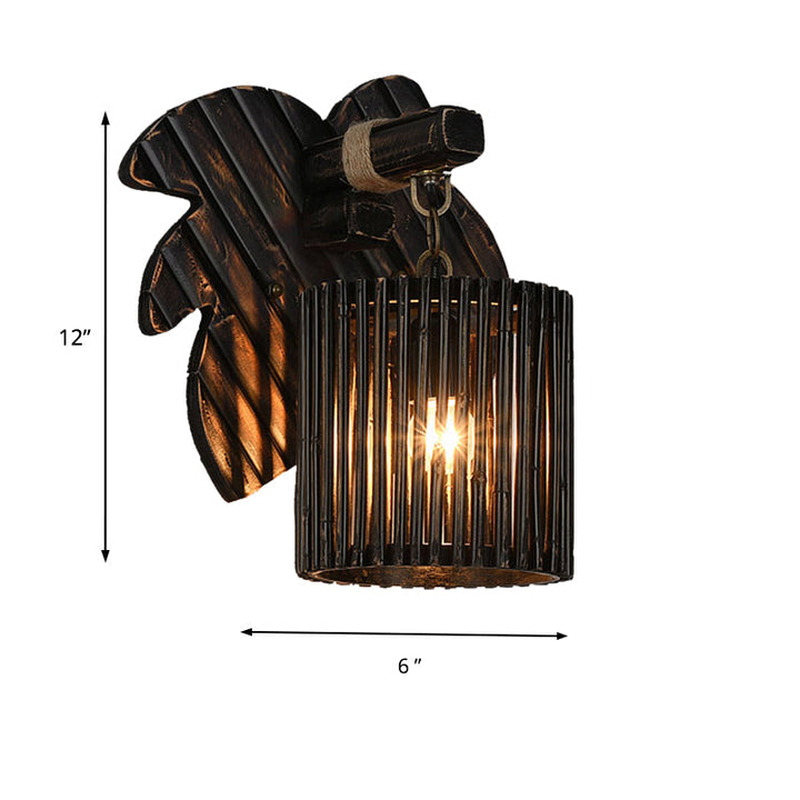 Lisslune | Black Finish Cylindrical Wall Light Lodge Stylish 1-Light Bamboo Wall Light with Wood Leaf Back Plate