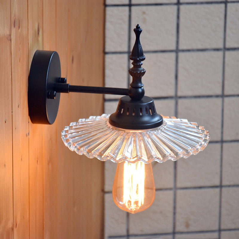 Lisslune | Clear/Green Glass Black Wall Light Cone/Wide Flare 1-Light Industrial Wall Lamp for Living Room
