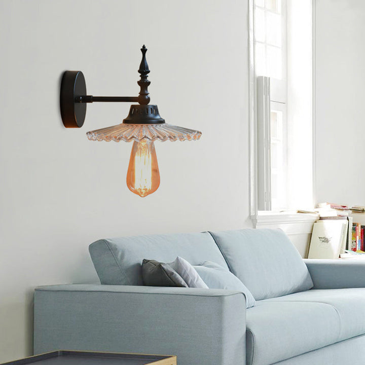 Lisslune | Clear/Green Glass Black Wall Light Cone/Wide Flare 1-Light Industrial Wall Lamp for Living Room