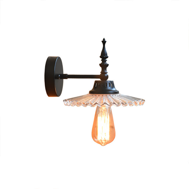 Lisslune | Clear/Green Glass Black Wall Light Cone/Wide Flare 1-Light Industrial Wall Lamp for Living Room