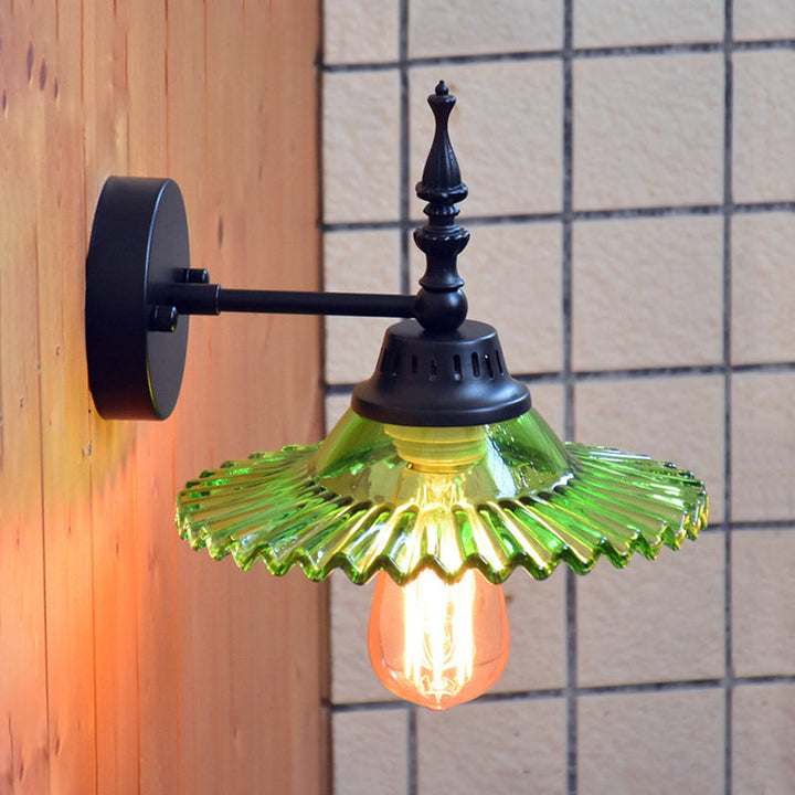 Lisslune | Clear/Green Glass Black Wall Light Cone/Wide Flare 1-Light Industrial Wall Lamp for Living Room