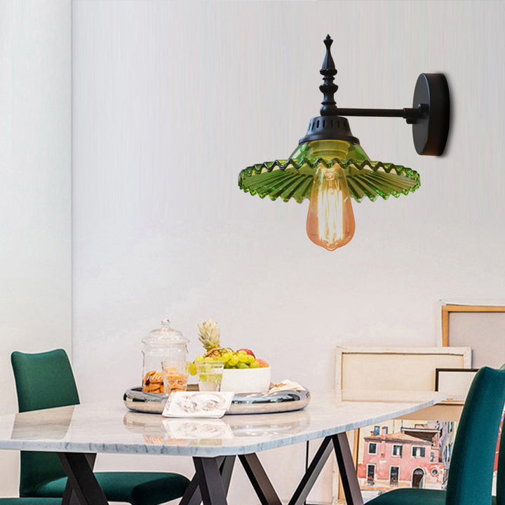 Lisslune | Clear/Green Glass Black Wall Light Cone/Wide Flare 1-Light Industrial Wall Lamp for Living Room
