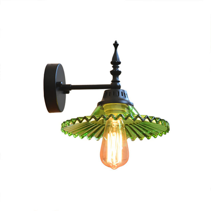 Lisslune | Clear/Green Glass Black Wall Light Cone/Wide Flare 1-Light Industrial Wall Lamp for Living Room