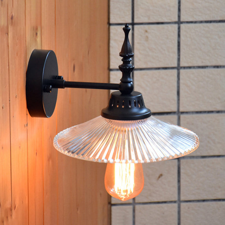 Lisslune | Clear/Green Glass Black Wall Light Cone/Wide Flare 1-Light Industrial Wall Lamp for Living Room
