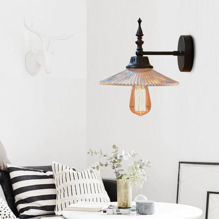 Lisslune | Clear/Green Glass Black Wall Light Cone/Wide Flare 1-Light Industrial Wall Lamp for Living Room