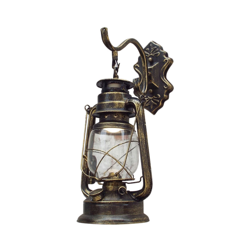 Lisslune | Clear Glass Black/Antique Brass Wall Lamp Lantern 1-Light Coastal Light for Veranda