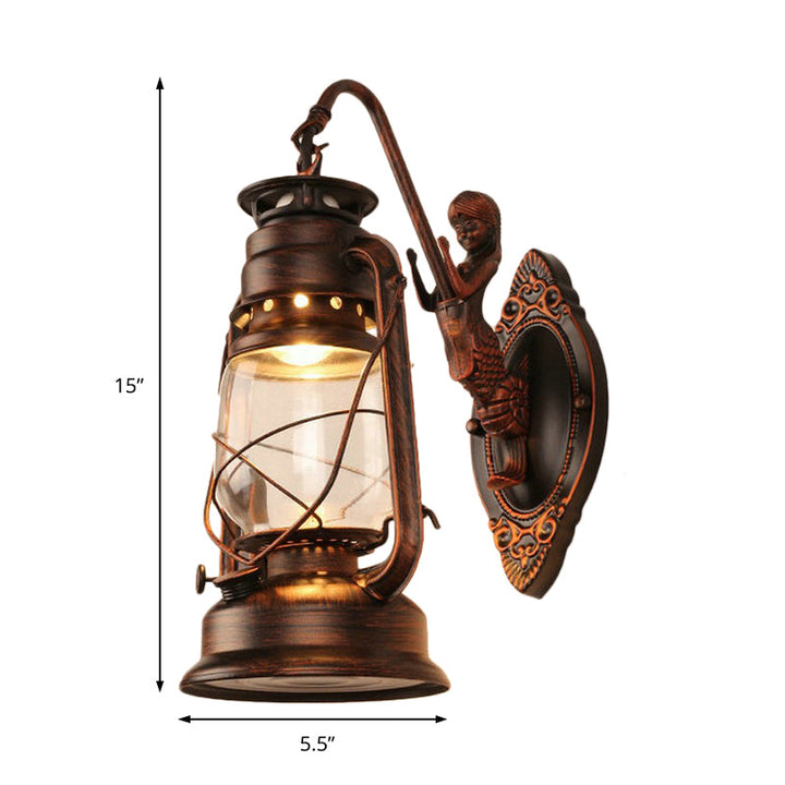 Lisslune | One Bulb Wall Lamp with Lantern Shade Clear Glass Coast Bedroom Wall Lamp in Black/Antique Brass/Aged Copper with Mermaid