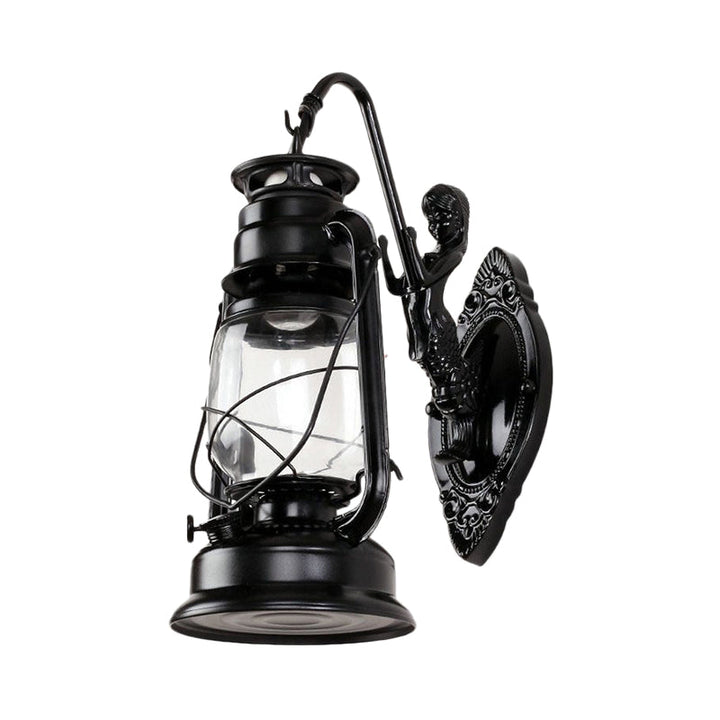 Lisslune | One Bulb Wall Lamp with Lantern Shade Clear Glass Coast Bedroom Wall Lamp in Black/Antique Brass/Aged Copper with Mermaid
