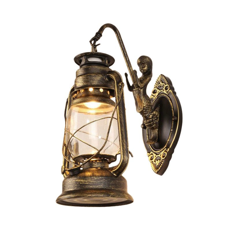Lisslune | One Bulb Wall Lamp with Lantern Shade Clear Glass Coast Bedroom Wall Lamp in Black/Antique Brass/Aged Copper with Mermaid