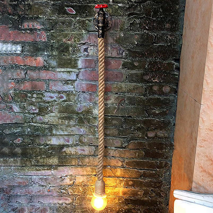 Lisslune | Water Pipe Metal Wall Light Lodge Style 1 Bulb Wall Lamp with Hanging Rope in Beige