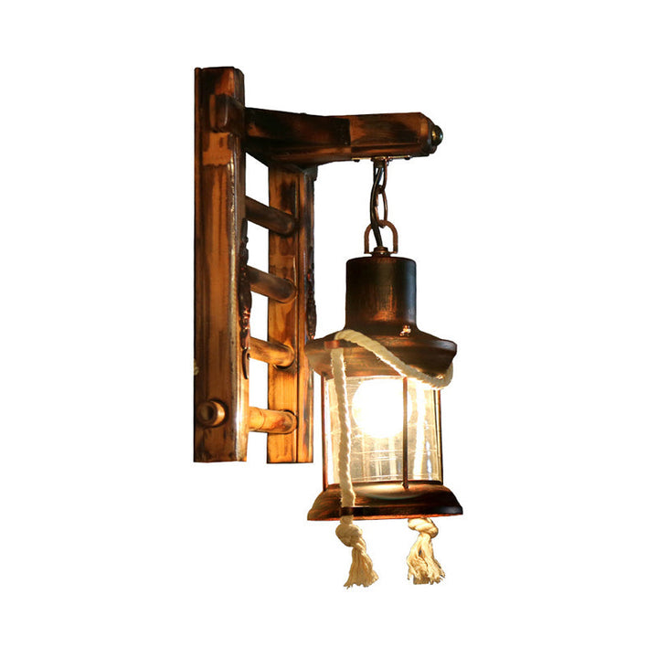 Lisslune | Antique Copper Cylinder Wall Lighting Vintage Clear Glass 1 Light Porch Sconces Light with Cage and Wooden Backplate