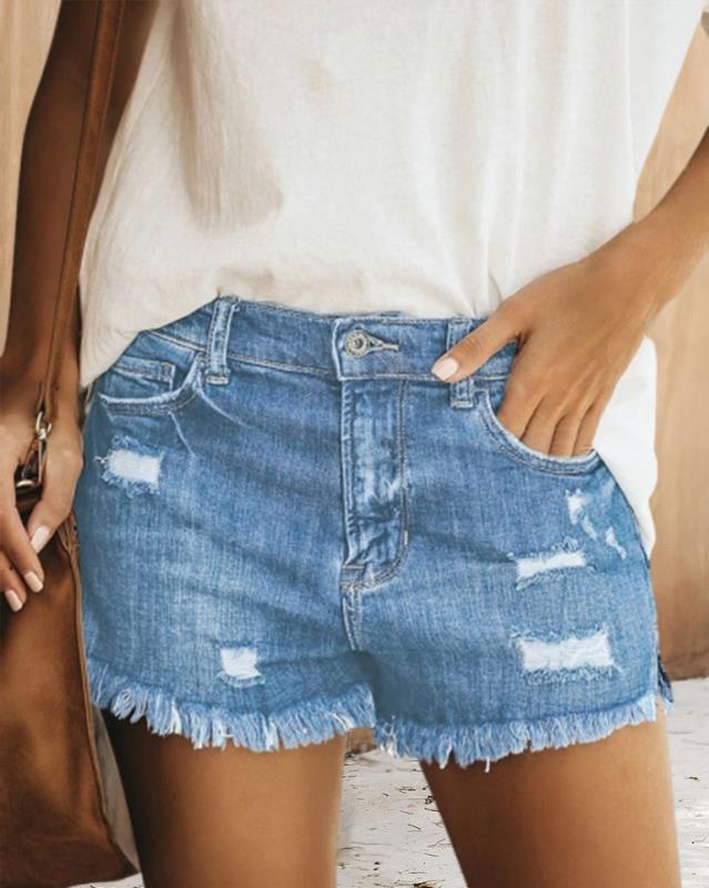 Women's Destroyed Denim Shorts with Frayed Hem and Casual Fit Lisslune