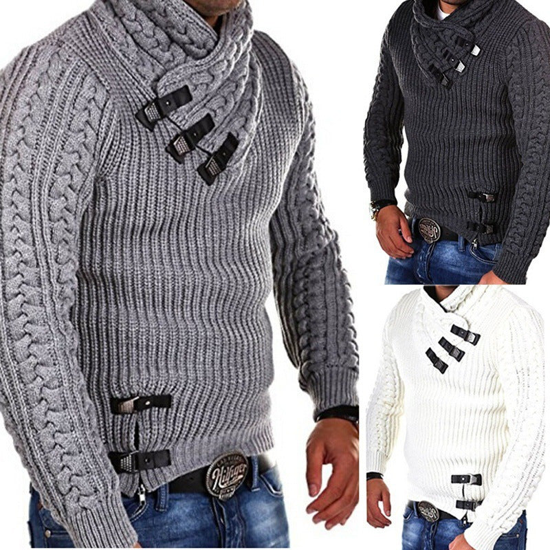 Men's chunky knit sweater with flexible collar and decorative closures Lisslune