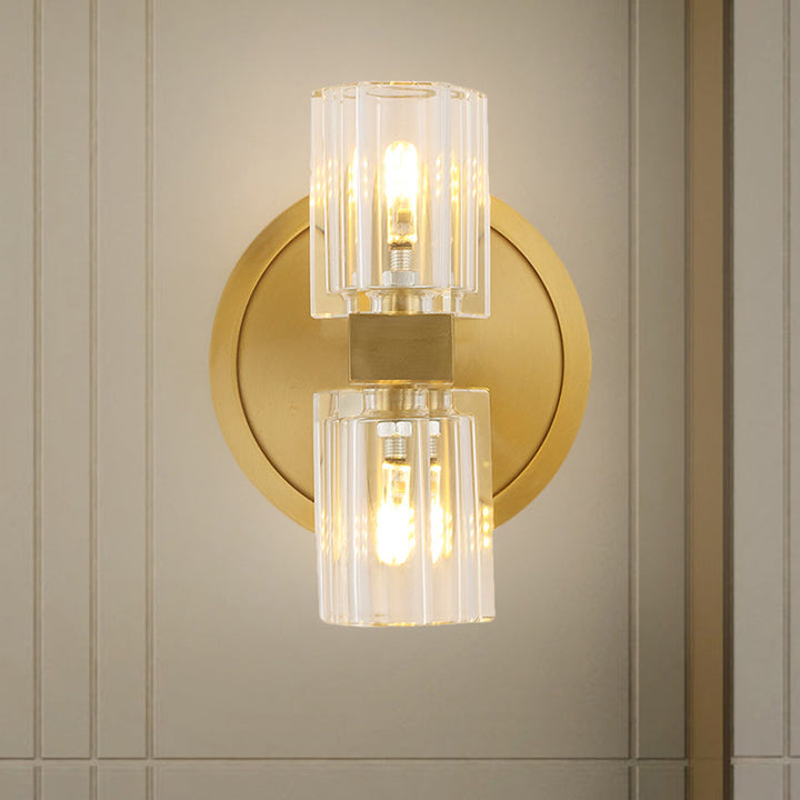 Lisslune | Translucent Crystal Blocks Cylindrical Wall Light Modern 2 Heads Living Room Wall Lamp in Gold