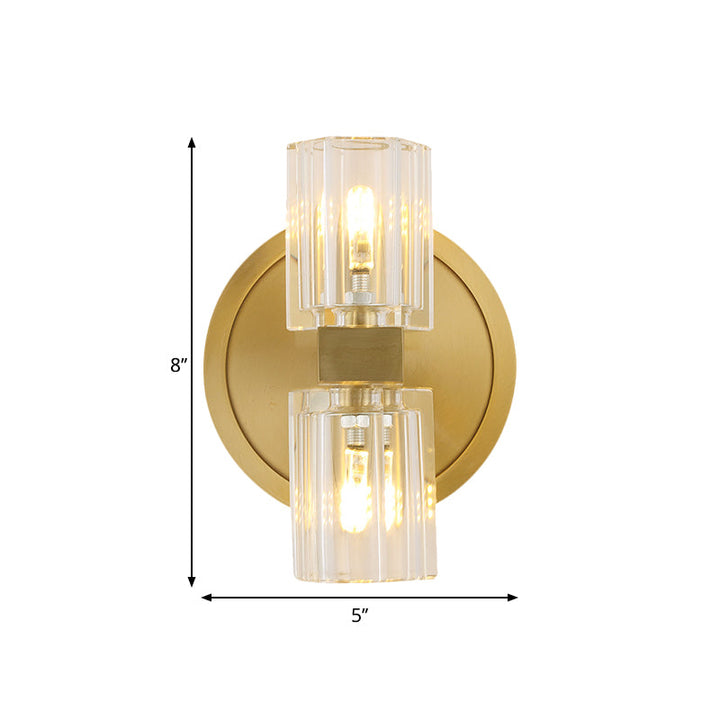 Lisslune | Translucent Crystal Blocks Cylindrical Wall Light Modern 2 Heads Living Room Wall Lamp in Gold