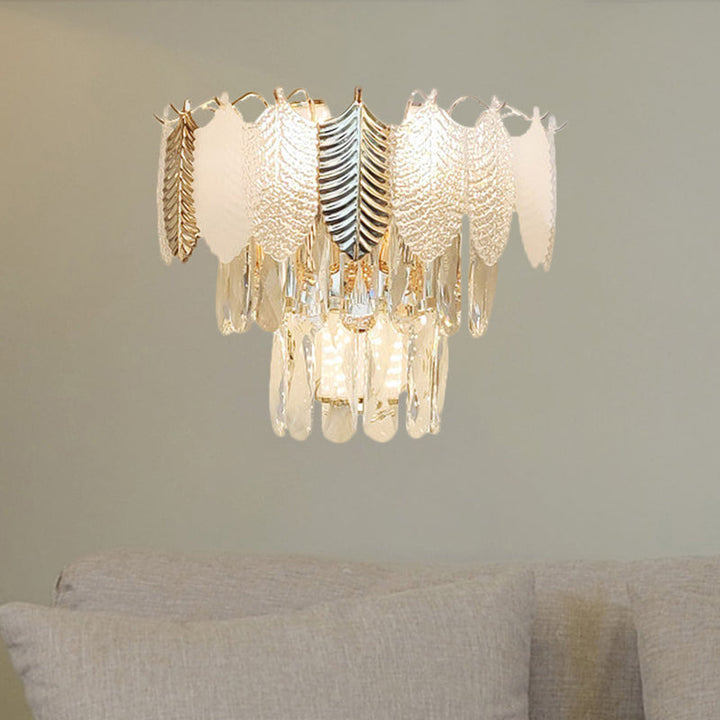 Lisslune | 3 Heads Conical Wall Sconce Light Modern Clear Crystal Wall Lamp with Golden and Acrylic Leaves