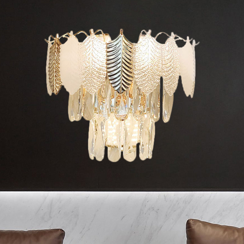 Lisslune | 3 Heads Conical Wall Sconce Light Modern Clear Crystal Wall Lamp with Golden and Acrylic Leaves