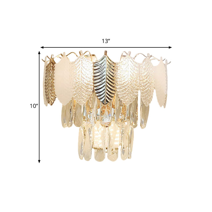 Lisslune | 3 Heads Conical Wall Sconce Light Modern Clear Crystal Wall Lamp with Golden and Acrylic Leaves