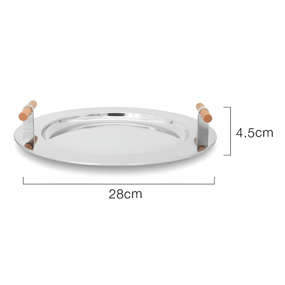 Lisslune | Elegant Stainless Steel Round Tray with Wooden Handles