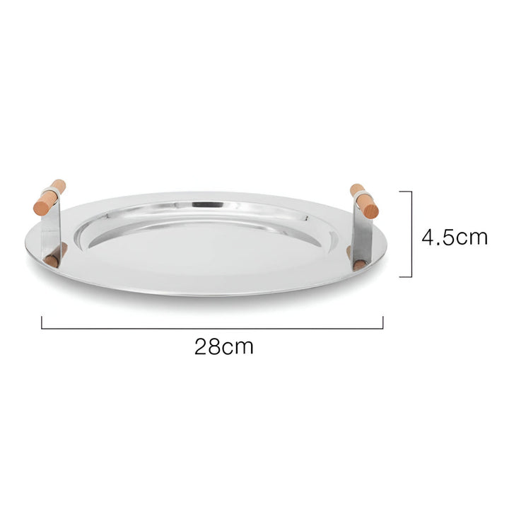 Lisslune | Elegant Stainless Steel Round Tray with Wooden Handles