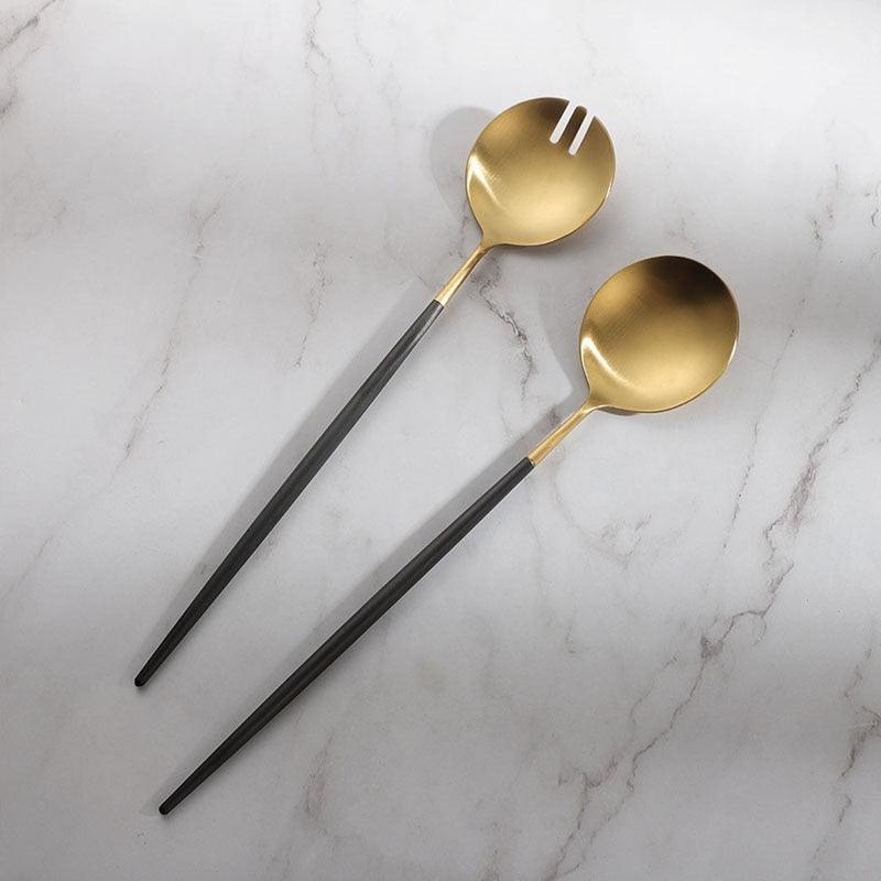 Lisslune | Black and gold salad cutlery and serving utensils set