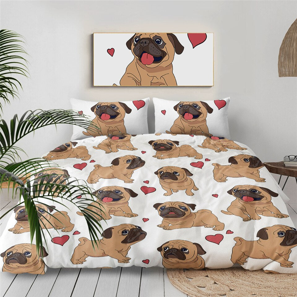 Lisslune | 3pcs Hippie Pug Puppy Cartoon Comfortable Duvet Cover Bedding Set