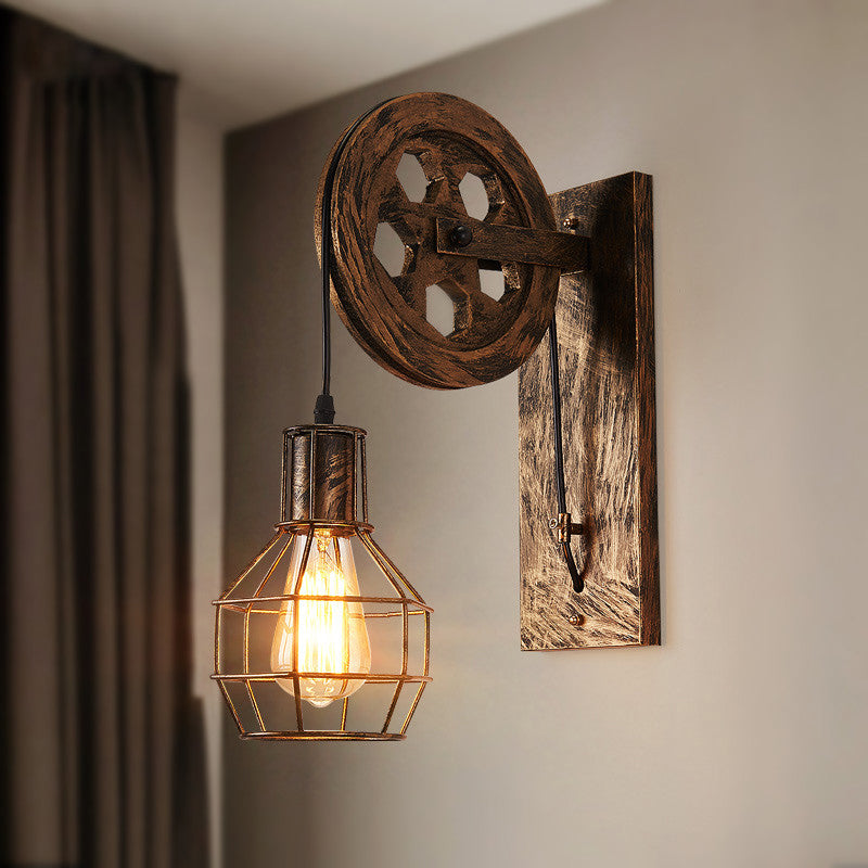 Skørter | Metal Orb Grid Cage Wall Lamp with Pulley Deco 1 Light Antique Wall Lamp in Bronze for Bar
