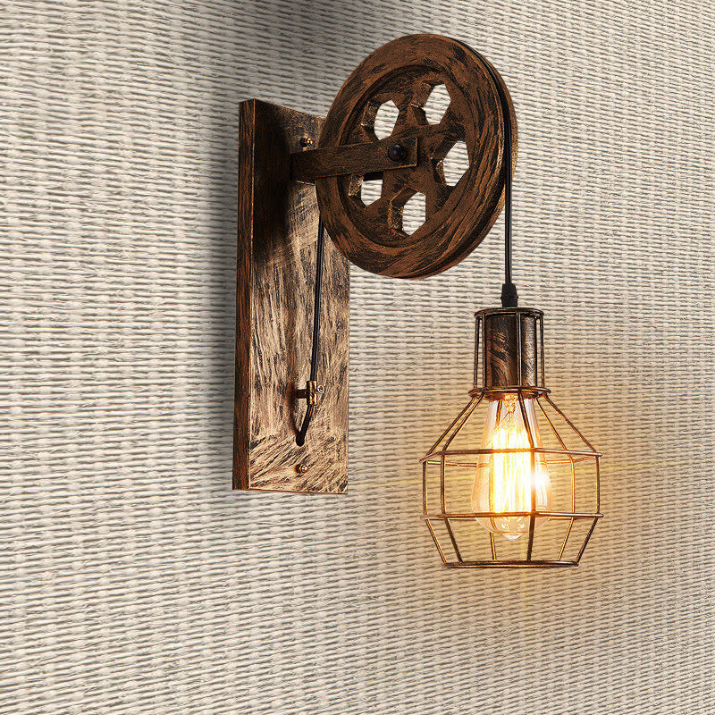 Skørter | Metal Orb Grid Cage Wall Lamp with Pulley Deco 1 Light Antique Wall Lamp in Bronze for Bar