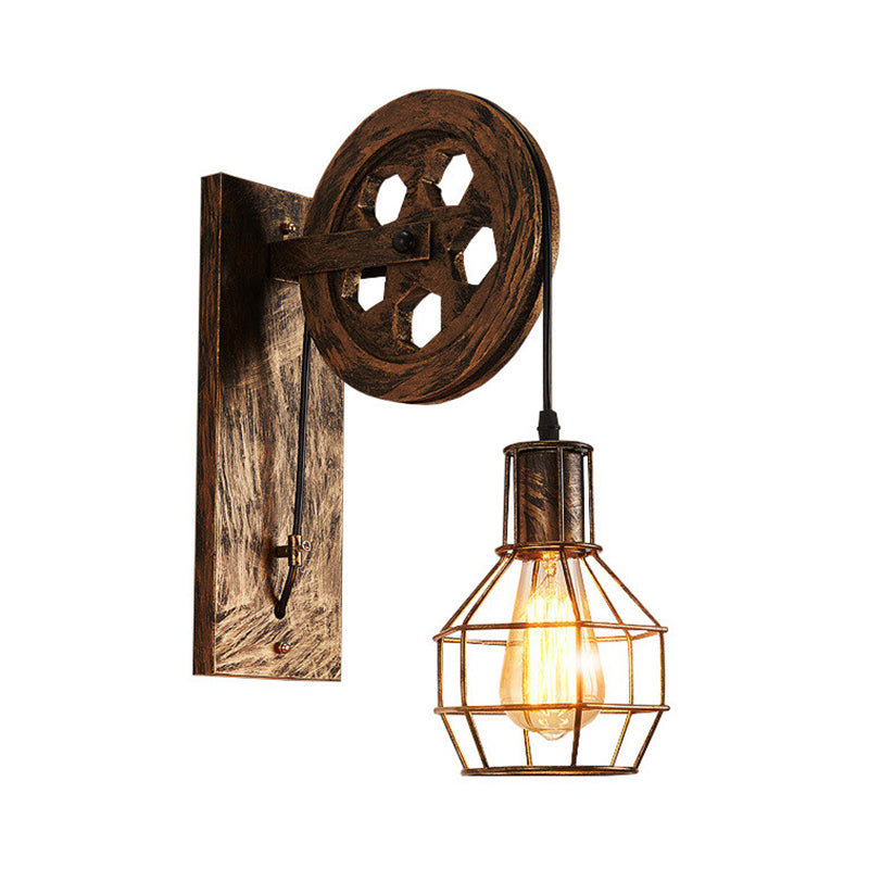 Skørter | Metal Orb Grid Cage Wall Lamp with Pulley Deco 1 Light Antique Wall Lamp in Bronze for Bar