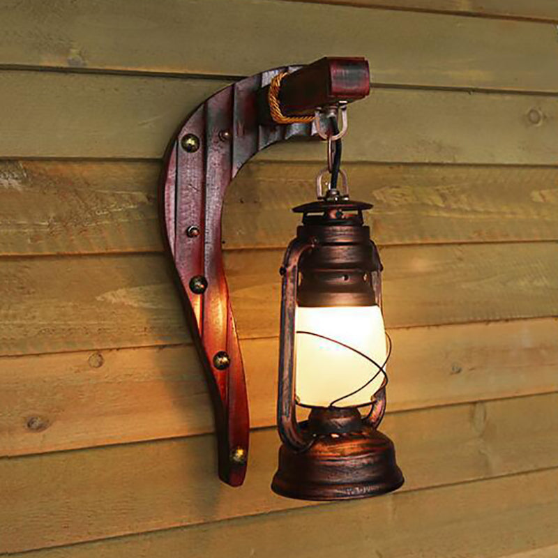 Skørter | Antique Copper One Light Wall Lamp Light Rustic Opal Glass Kerosene Lighting Fixture with Wooden Backplate